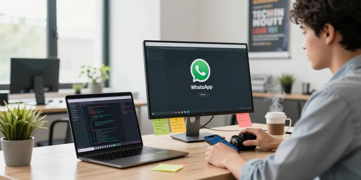 Professional using WhatsApp網頁版 on a monitor, surrounded by a modern workspace with tech gadgets and a motivating atmosphere.
