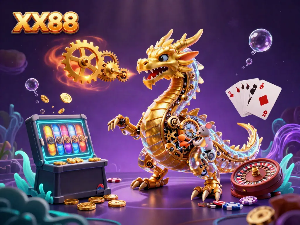 Experience the thrill of winning at XX88 with a vibrant 3D illustration of a dragon and slot games.