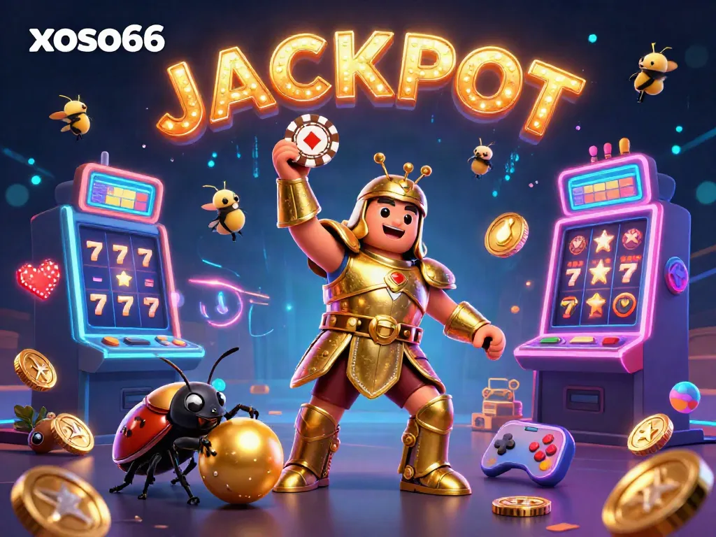 Experience excitement with xoso66 as a victorious insect hero lifts a poker chip in a thrilling casino setting.