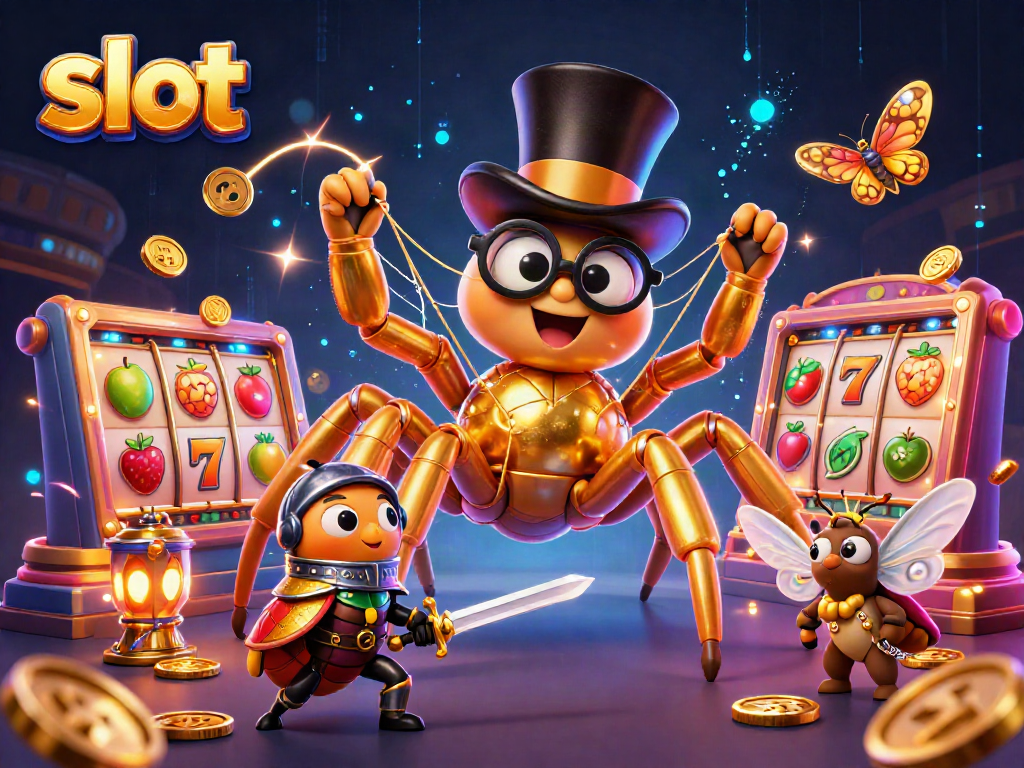 Experience thrilling slots as a golden tarantula weaves its web among dynamic symbols and cheering spectators.
