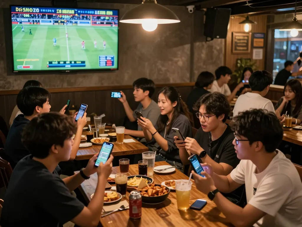 Fans engaging in kèo nhà cái hôm nay betting at a lively sports bar, celebrating live match moments.