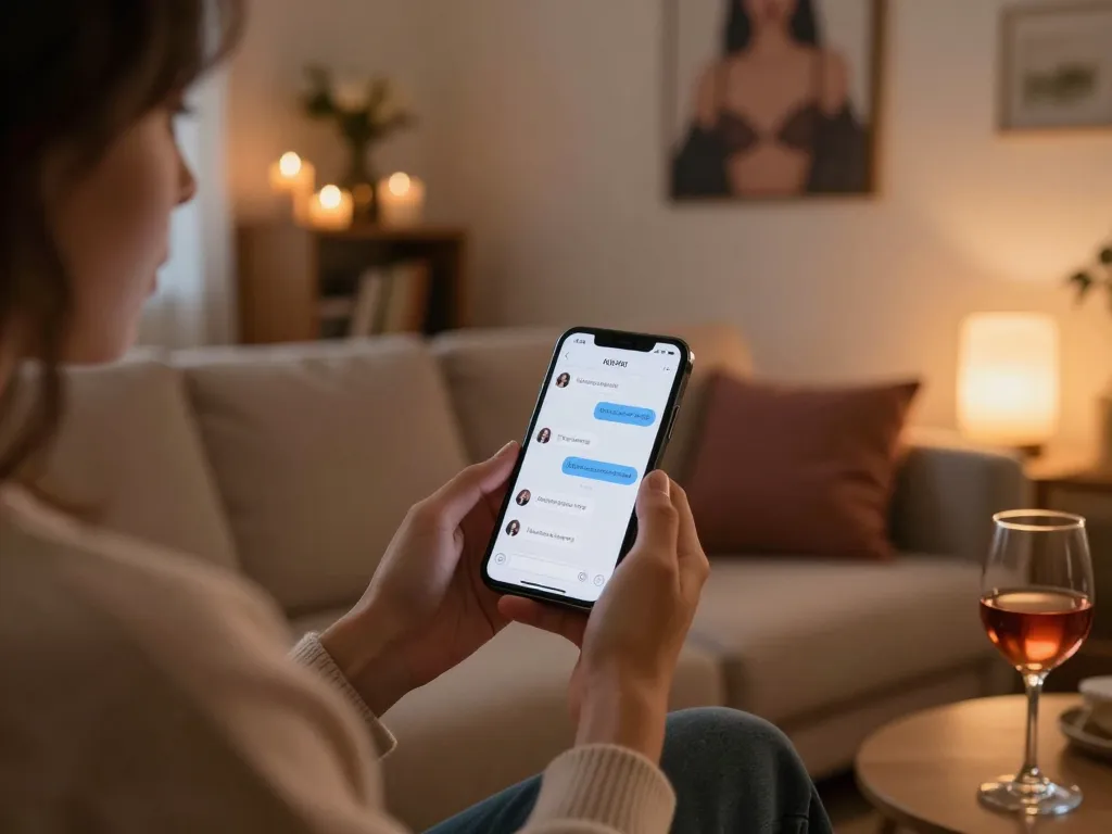 Engaging 18+ AI chat interaction in a cozy room with romantic decor.