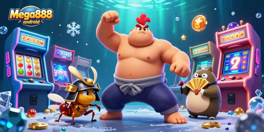Experience excitement with mega888 android in a vibrant 3D casino scene featuring playful characters and game elements.