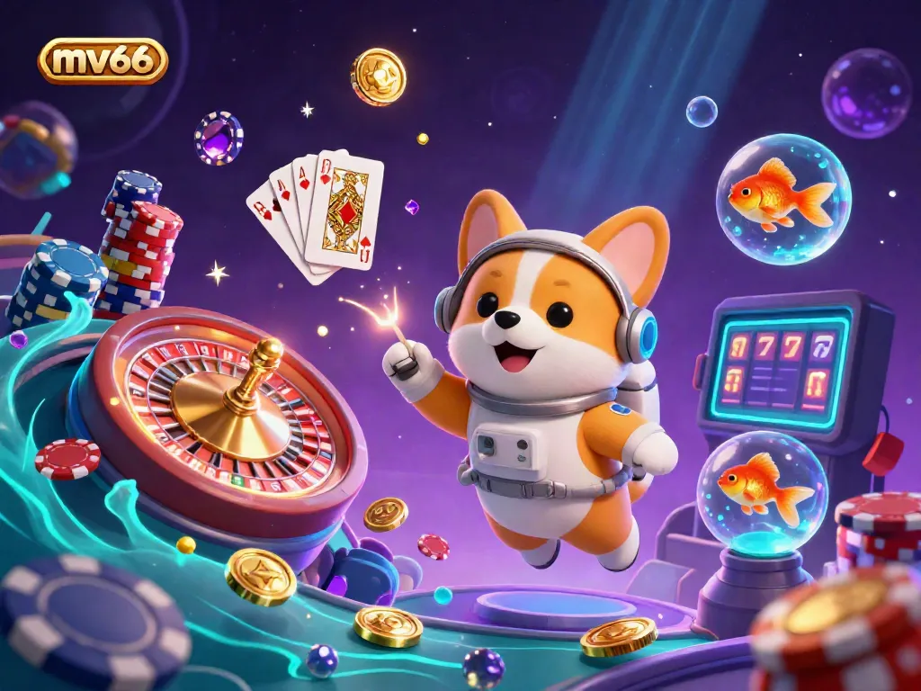 Experience mv66 in a vibrant space casino scene with a corgi astronaut surrounded by shimmering coins and games.