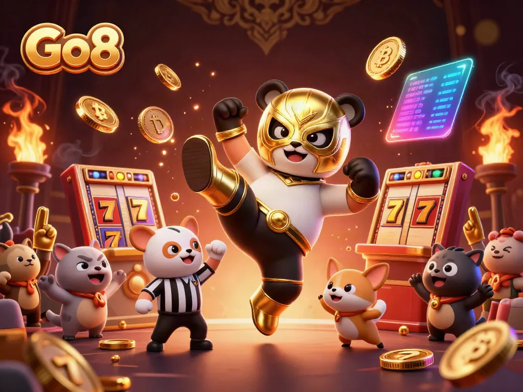 Engage with Go8 excitement as a panda wrestler kicks amidst vibrant casino symbols.