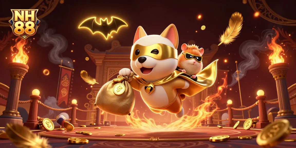 Play exciting games at NH 88 featuring a cartoon dog hero flying with gold coins.