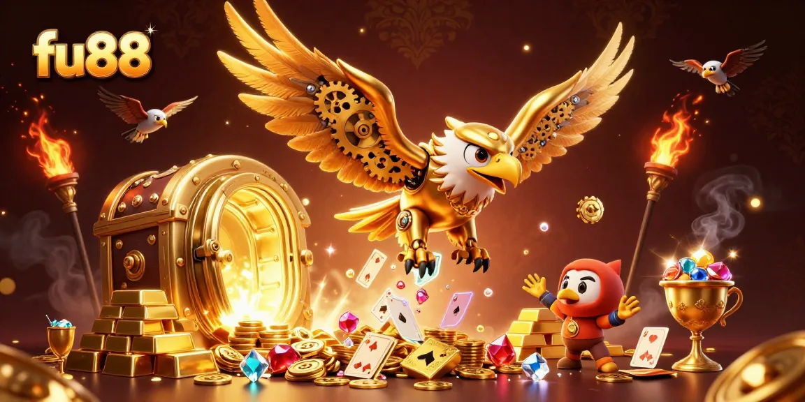 Win exciting prizes at fu88 with a cybernetic eagle diving through cascading holographic cards.