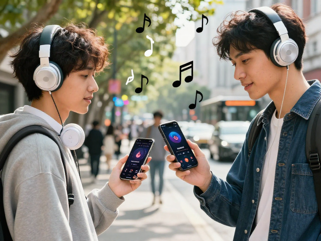 年轻人在城市街道上使用汽水音乐,展示流行歌曲和个性化推荐。