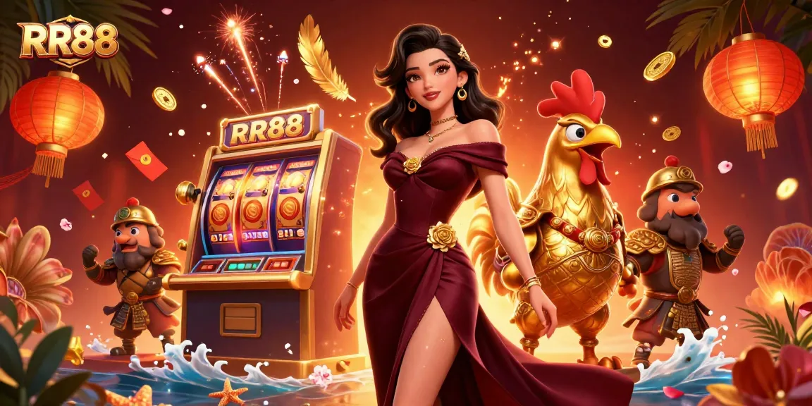 Win big at RR88 with this vibrant 3D illustration capturing the excitement of online slots.