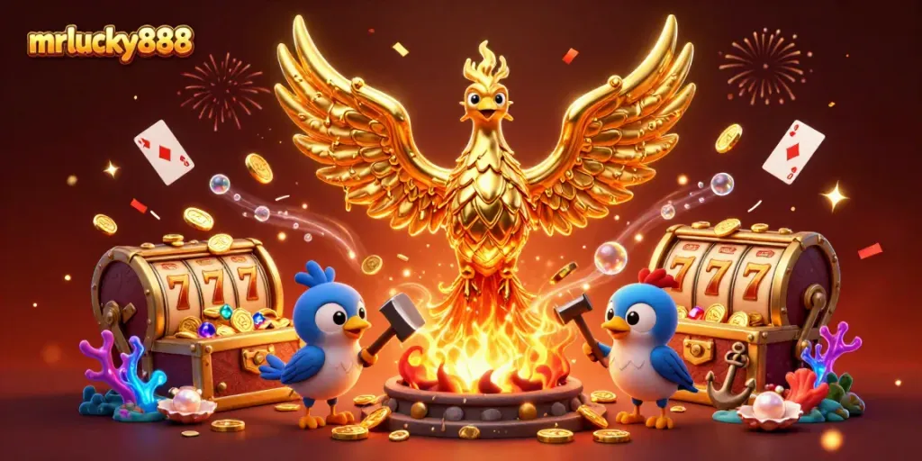Spin and win at mrlucky888 in this dynamic casino scene with a golden phoenix and treasures.