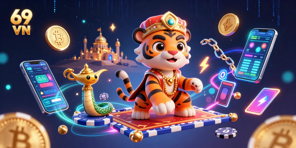 Experience the excitement of 69 VN with a vibrant cartoon illustration showcasing online gaming and cryptocurrency.