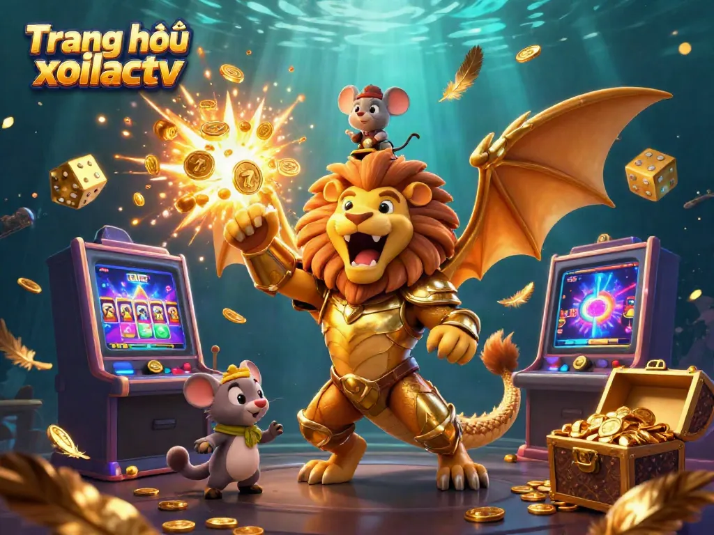 Experience epic wins at Trang chủ xoilactv with a 3D chimera jackpot scene, packed with casino elements.