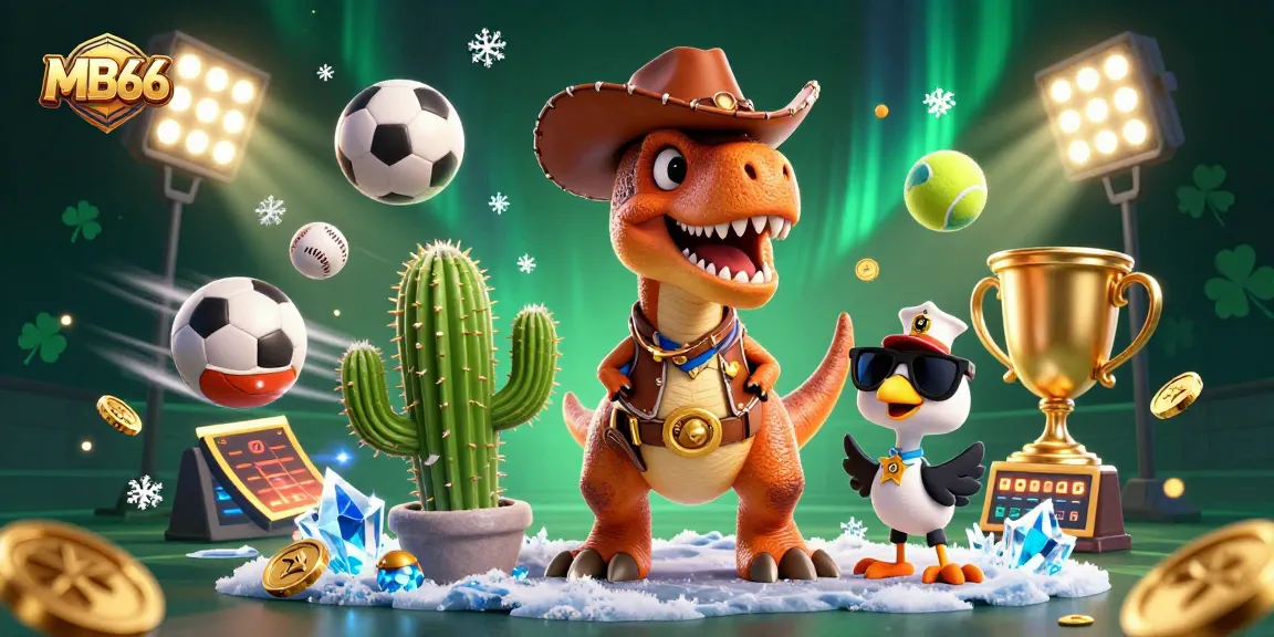 Join the excitement at MB66 with a lively casino scene featuring T-Rex and friends amidst dynamic sports betting elements.