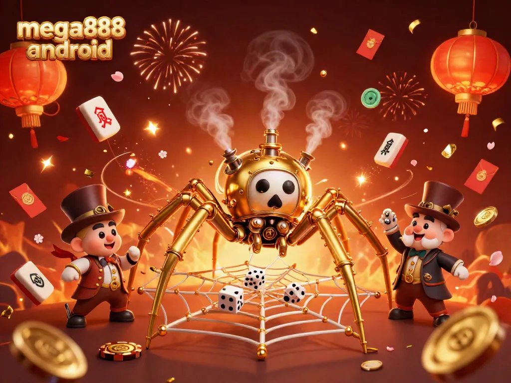 Experience immersive gaming with mega888 android, featuring animated steampunk characters and festive elements.