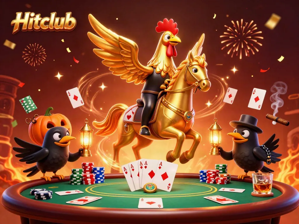 Experience the vibrant excitement of Hitclub with a golden rooster and casino-themed elements in a fantastical scene.