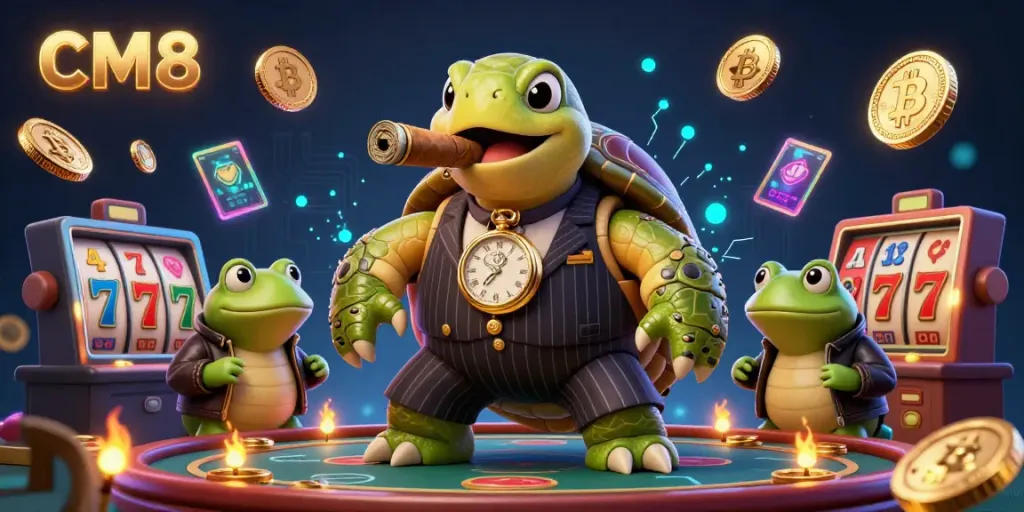 Engage with CM8's vibrant casino world featuring a snapping turtle and bullfrogs amidst glowing crypto elements.