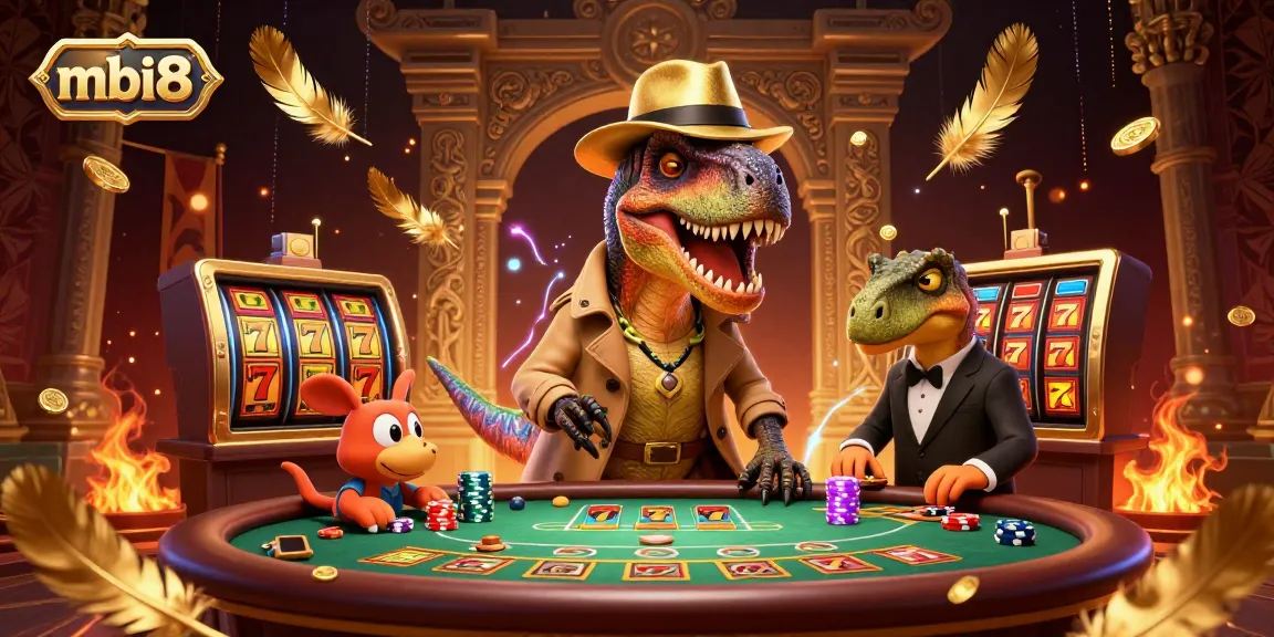 Engage with the dynamic gaming scene at mbi8, featuring a clever velociraptor card counter and vibrant casino elements.