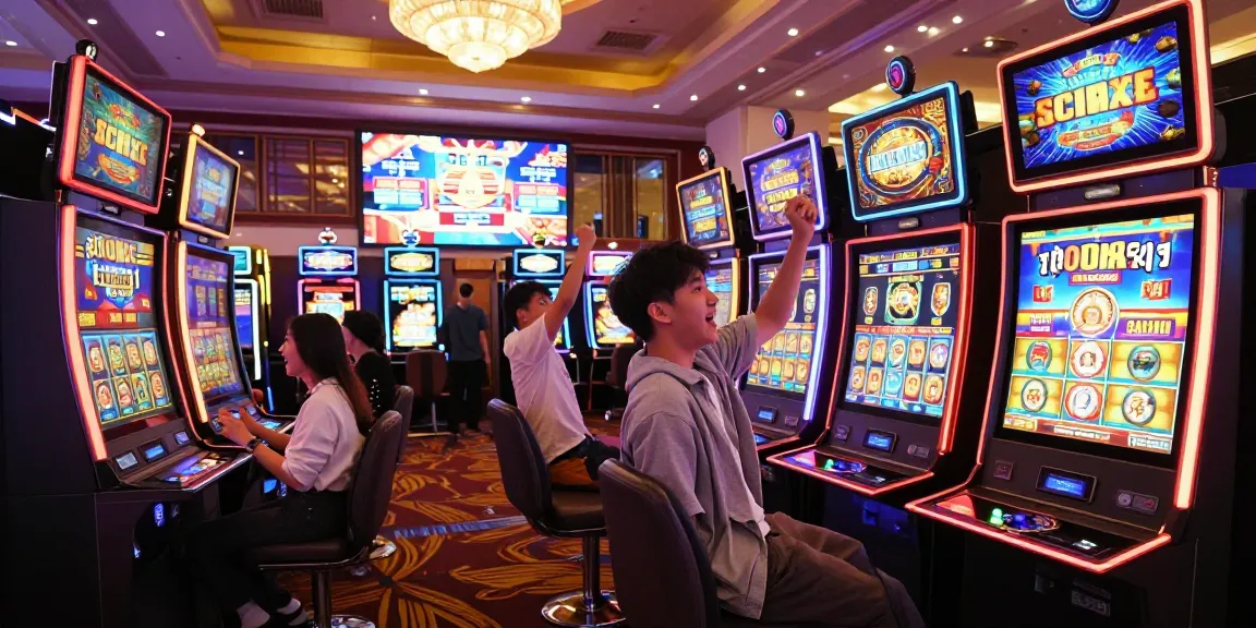 Excited player celebrating a win at a vibrant slot machine, embodying the spirit of slot gacor malam ini.