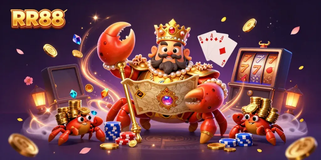 Experience thrilling gameplay at RR88 with a dynamic scene of a 3D crab emperor surrounded by casino elements.