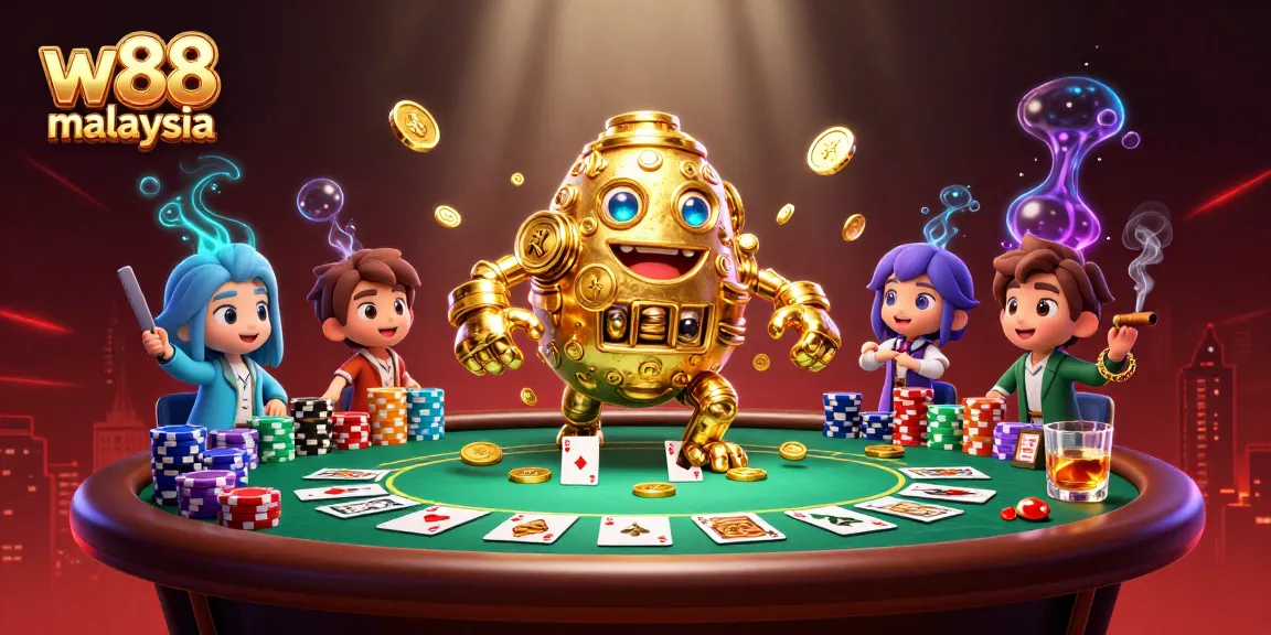 Play exciting casino games with the vibrant w88 malaysia scene featuring ancient coin creatures and poker elements.
