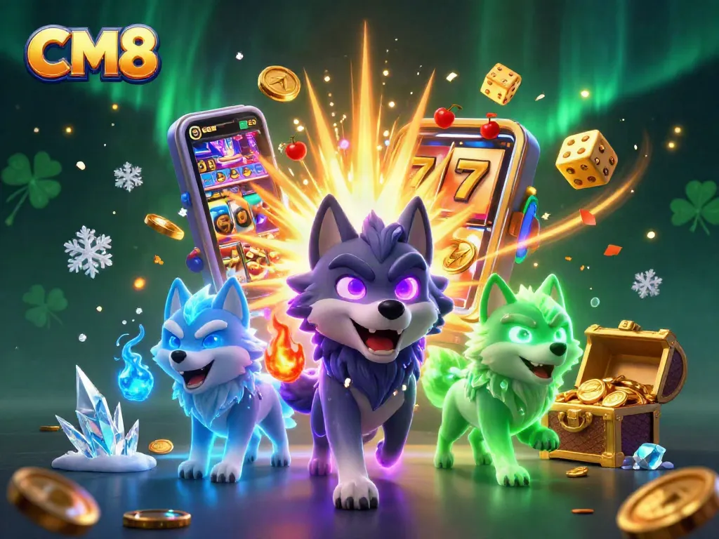 Experience CM8's online casino thrills with a dynamic scene of glimmering jackpots and spectral wolves.