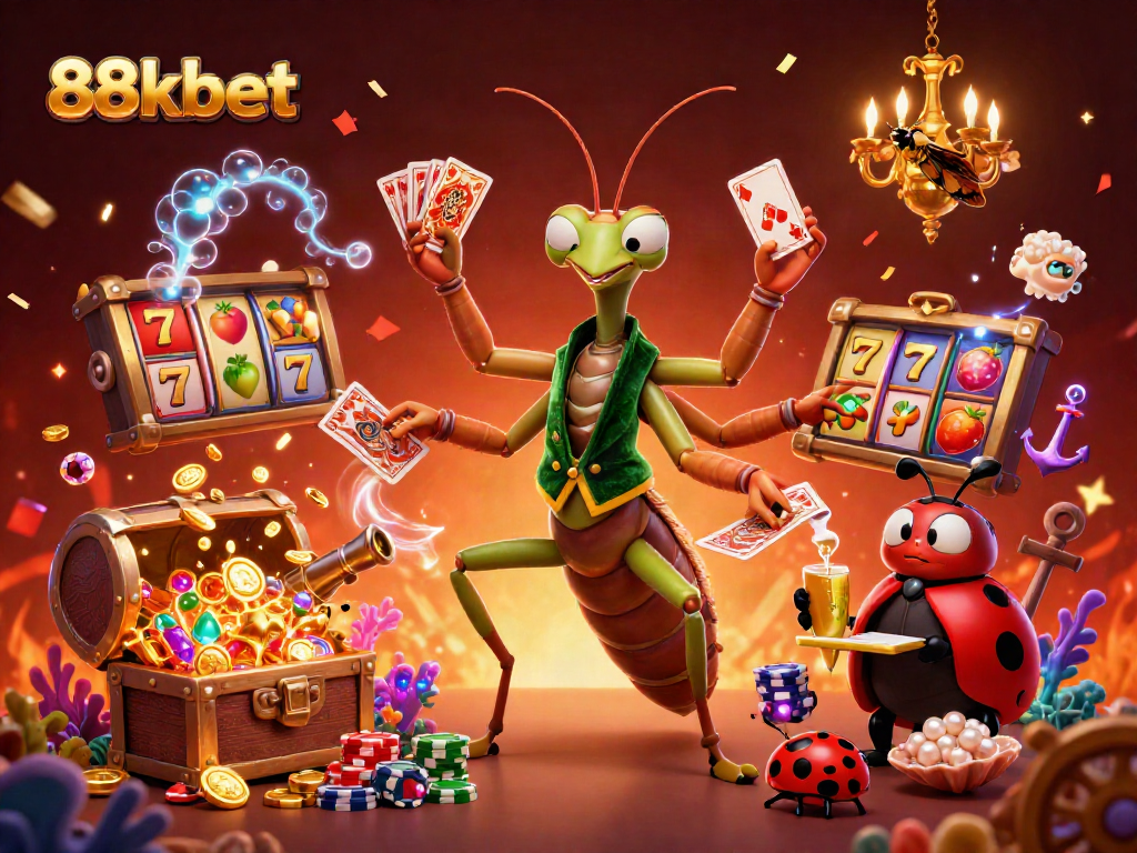 Experience thrilling slots at 88kbet with a dynamic casino scene featuring playful characters.