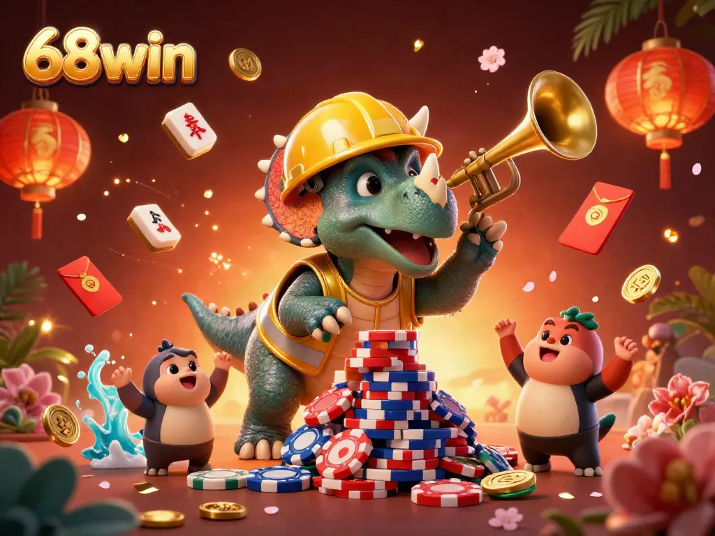 Join the adventure with 68win's vibrant casino celebration featuring a triceratops and fun gaming elements.