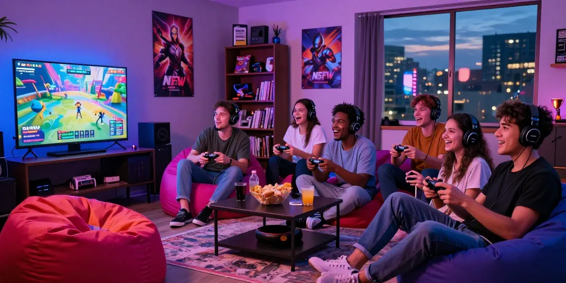 Friends enjoying an engaging nsfw game in a colorful gaming lounge filled with excitement.