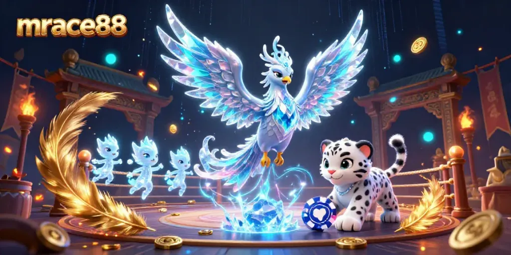 Experience thrilling wins with mrace88 featuring an ice phoenix, poker chips, and mystical elements.