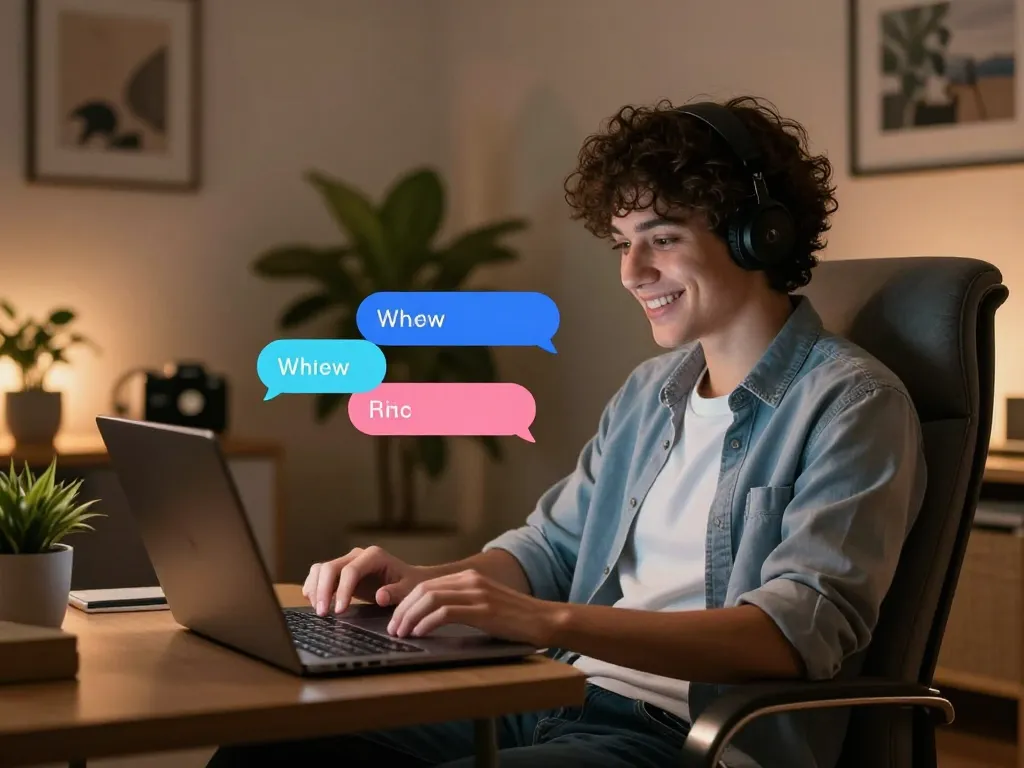 Engaging in ai sex chat with a friendly AI chatbot in a cozy home office