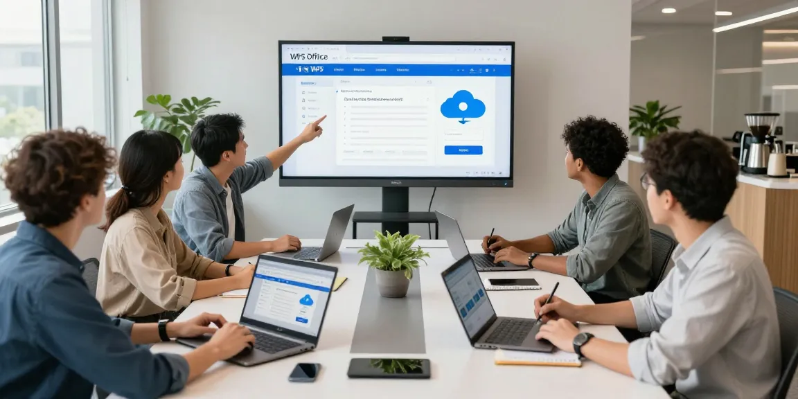 Collaborative team using WPS Official Website for productivity in a modern office.