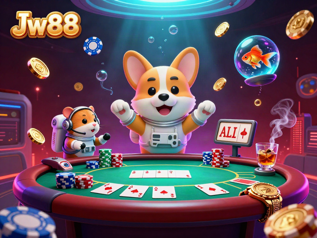 Engage with the vibrant Jw88 casino scene featuring a floating astronaut corgi amidst dynamic poker action.