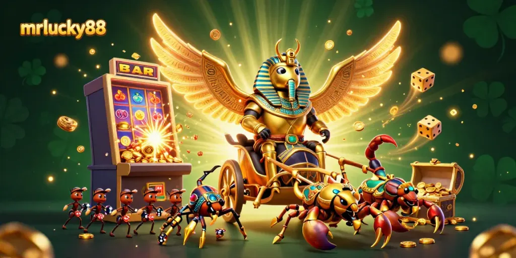 Engage the thrill of mrlucky88 with a mesmerizing 3D casino scene featuring a golden scarab and jackpot elements.