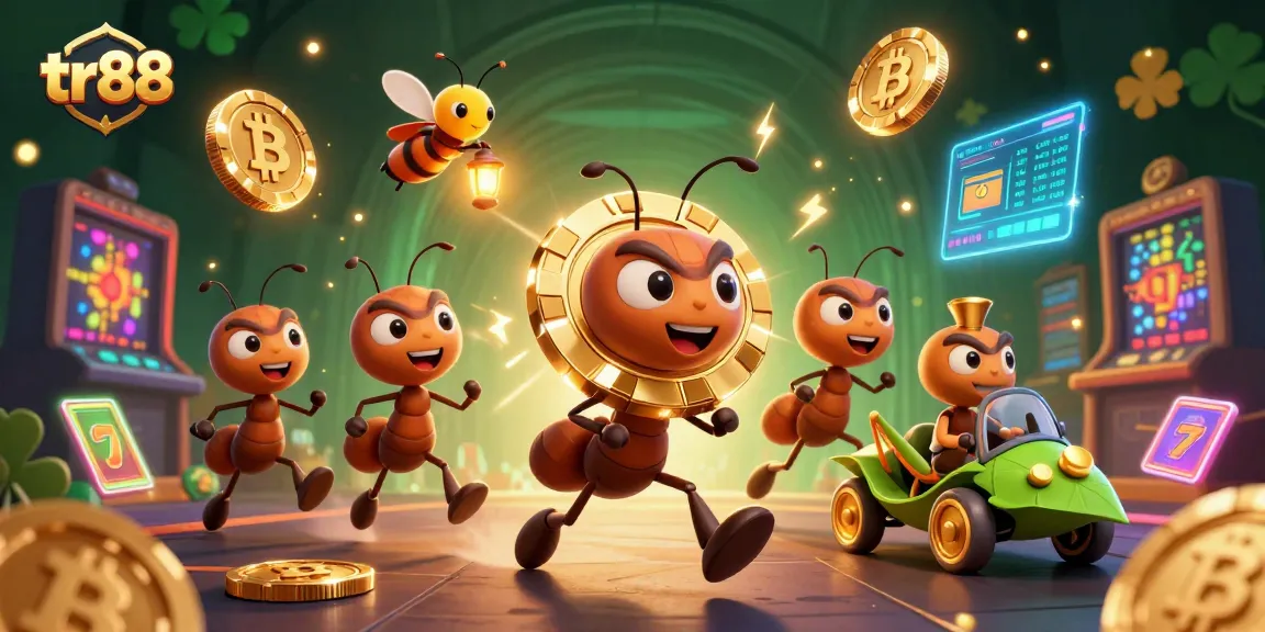 tr88 ants racing with a golden poker chip through a vibrant casino scene