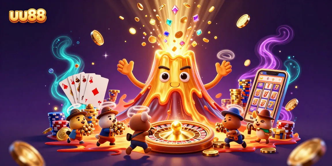 Experience excitement at uu88 with a triumphant golden volcano erupting treasures and animated characters!