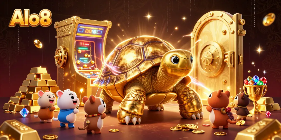 Alo8 offers thrilling gameplay with vibrant casino elements featuring a golden tortoise pinball machine.