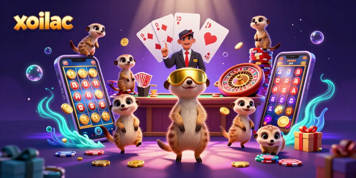 Xoilac showcases meerkats managing a lively casino with enticing slot games, colorful chip towers, and vibrant gameplay elements.