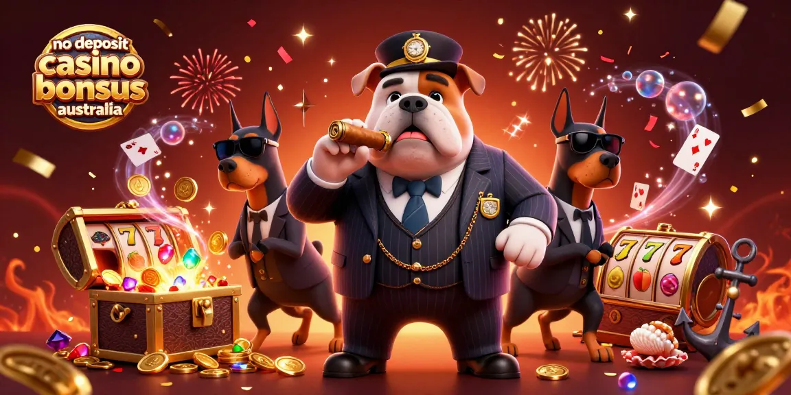 No deposit casino bonuses Australia depicted as a vibrant 3D illustration with mafia-themed characters and slot reels.
