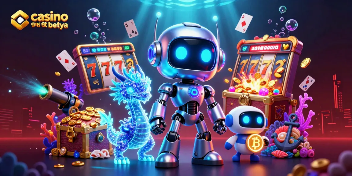 Experience thrilling casino games at betya with an energetic 3D scene showcasing vibrant robots, slots, and digital treasures.
