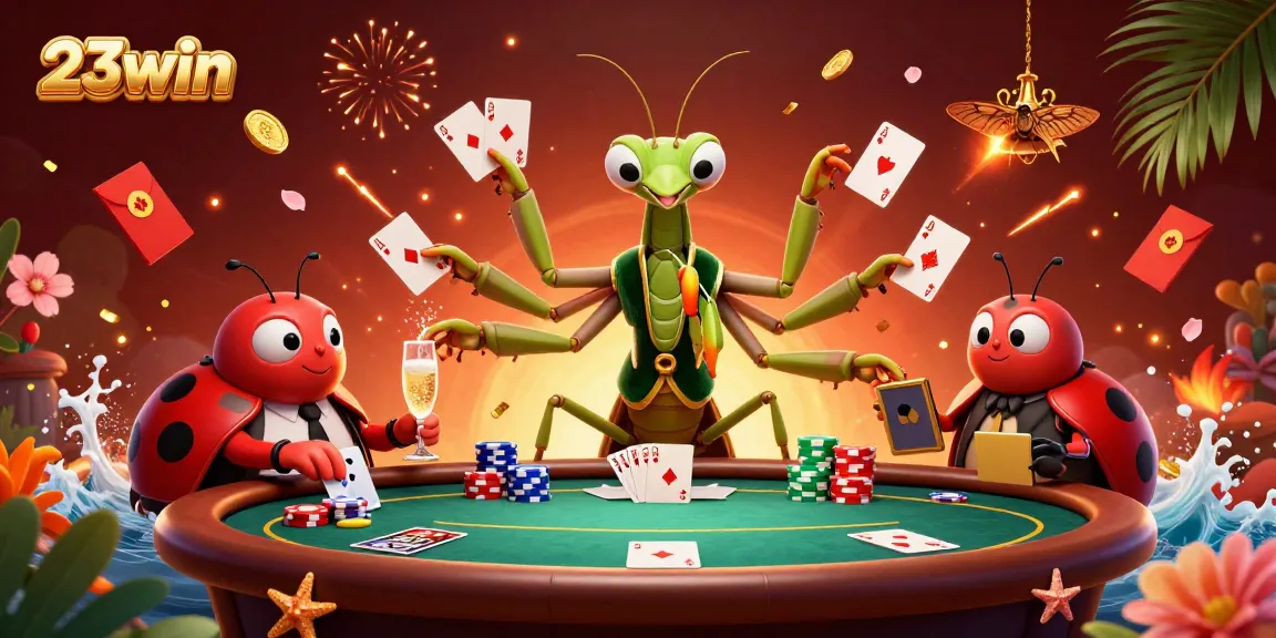 Engage in high-stakes poker action with 23win's vibrant 3D illustration featuring thrilling game elements.