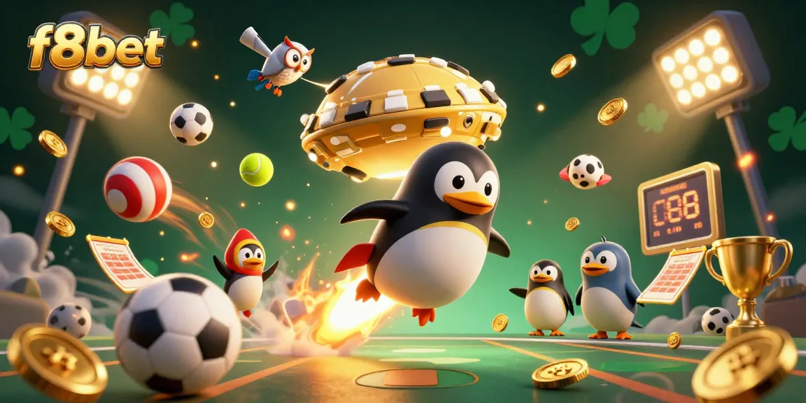 Experience thrilling moments with f8bet, featuring a golden penguin launching towards a casino space station.