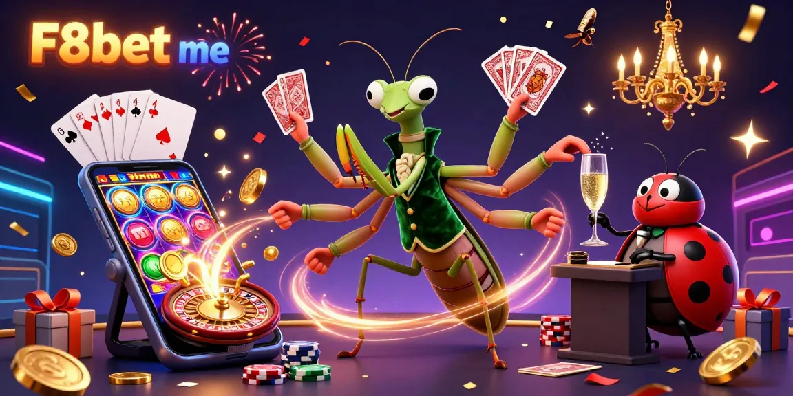 Engage with the vibrant world of F8bet me featuring a lively casino scene with animated characters, dynamic gaming elements, and festive celebration.