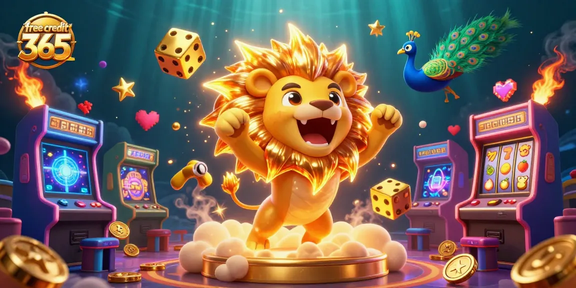 Engage with free credit 365 in this vibrant casino-themed artwork featuring a roaring sun lion and dynamic game elements.