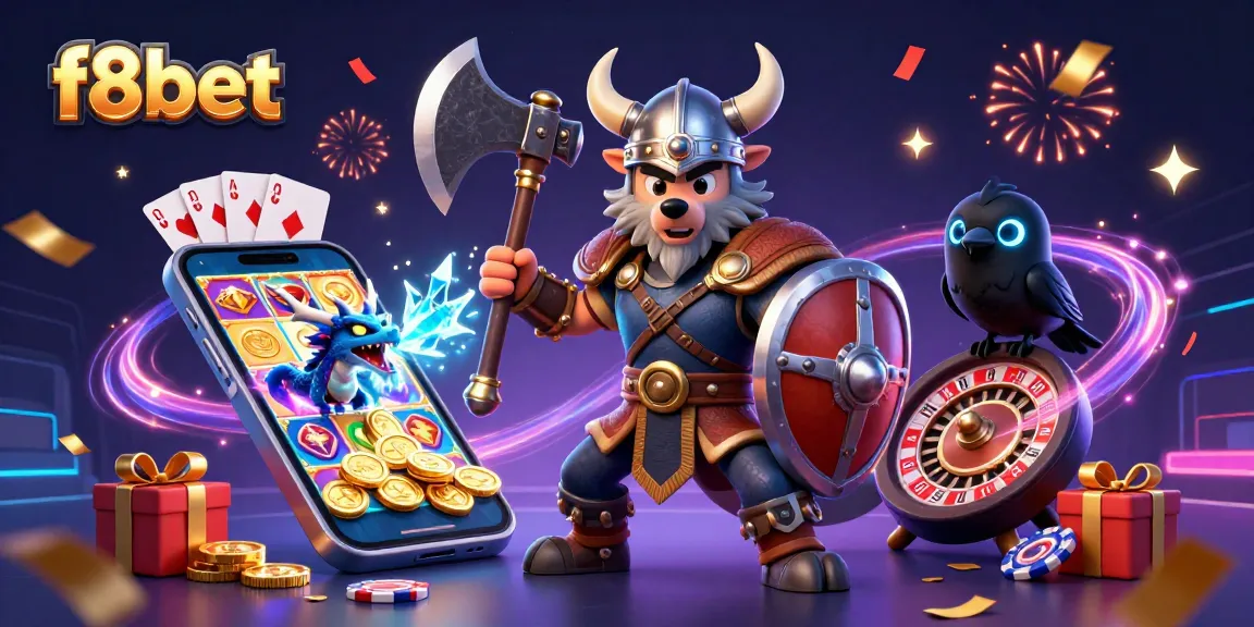 Experience the thrilling world of f8bet with a dynamic casino scene featuring a Viking wolf warrior, a fierce dragon, and gaming elements.